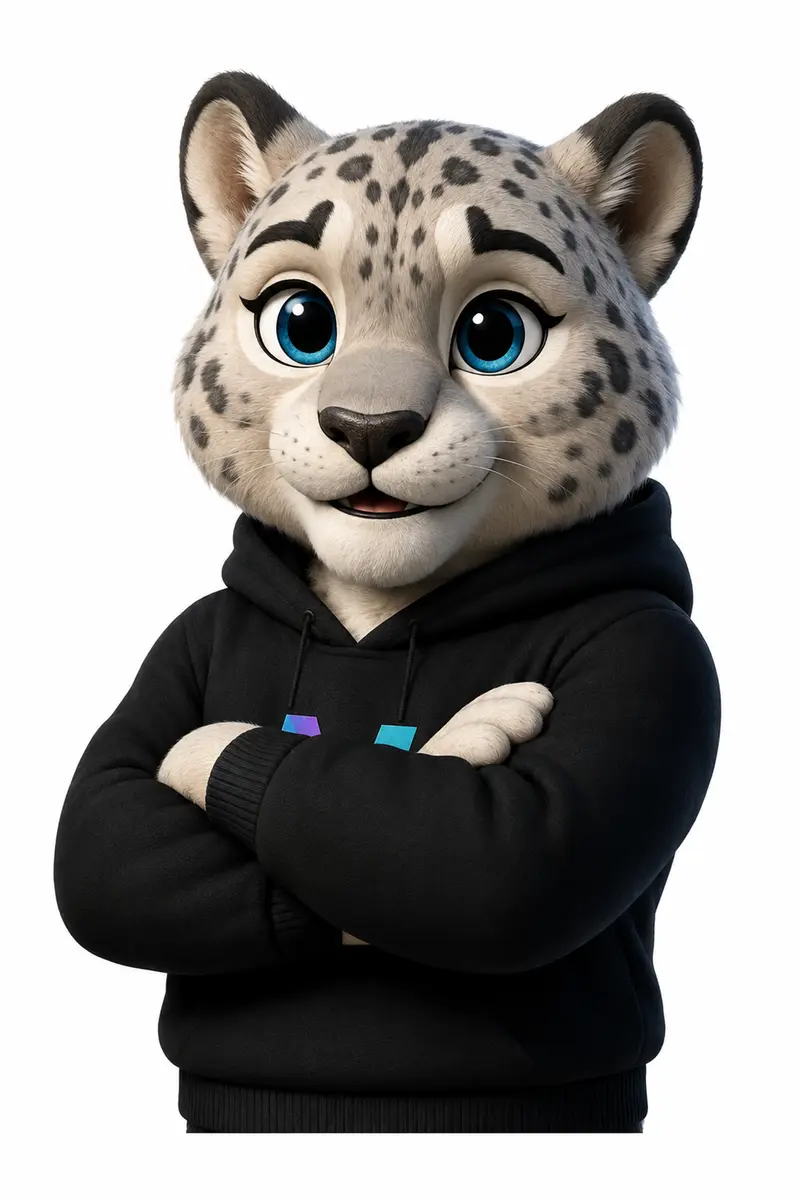 Novera leopard maskotu — qolları çarpaz peşəkar duruş